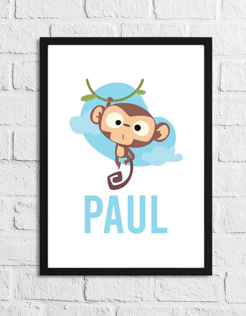 Load image into Gallery viewer, Cartoon Monkey Personalised Name Blue Children's Room Wall Decor Print by WinsterCreations™ Official Store
