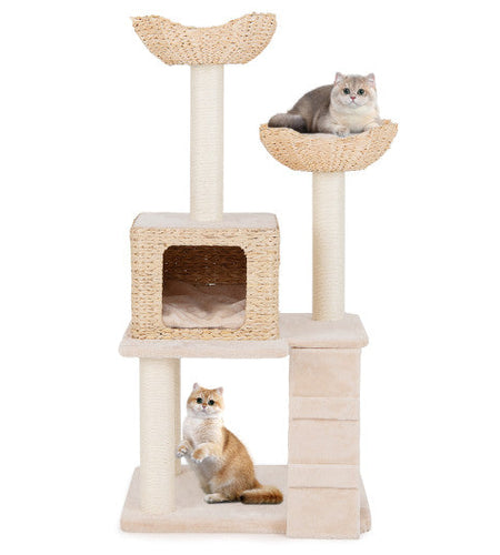 48 Inch Cattail Cat Tower with Sisal Scratching Posts Perch and Condo-Beige
