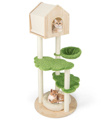 55 Inch Tall Cat Climbing Stand with Sisal Scratching Posts and Soft Cat Bed for Indoor Kittens-Green