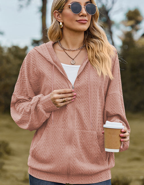 Load image into Gallery viewer, Drawstring Zip Up Dropped Shoulder Hoodie
