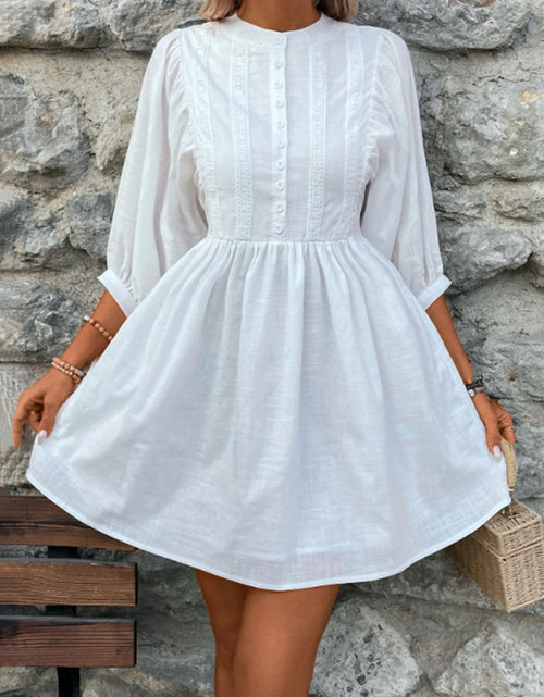 Load image into Gallery viewer, Lace Detail Half Button Three-Quarter Sleeve Dress
