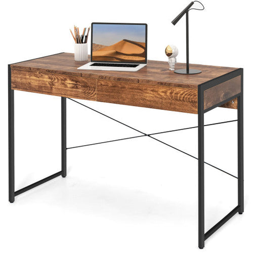 Load image into Gallery viewer, 2-Drawer Home Office Desk with Steel Frame-Brown
