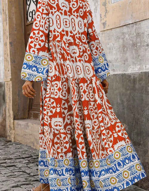 Load image into Gallery viewer, Printed Notched Long Sleeve Maxi Dress
