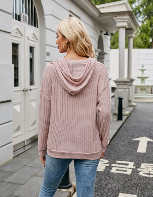 Load image into Gallery viewer, Ribbed Drawstring Long Sleeve Hoodie
