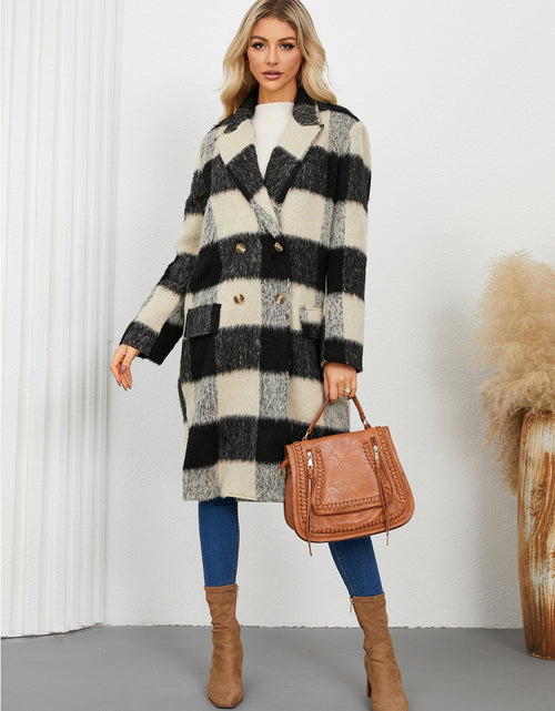 Load image into Gallery viewer, Plaid Double-Breasted Long Sleeve Coat
