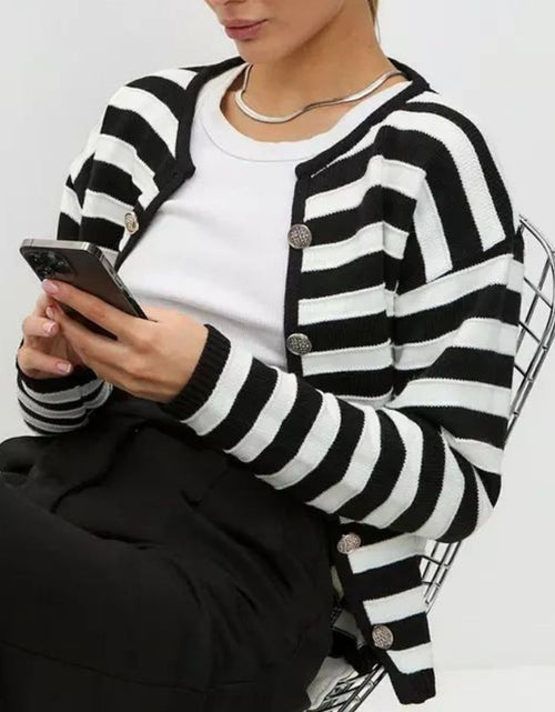 Load image into Gallery viewer, Striped Dropped Shoulder Long Sleeve Cardigan
