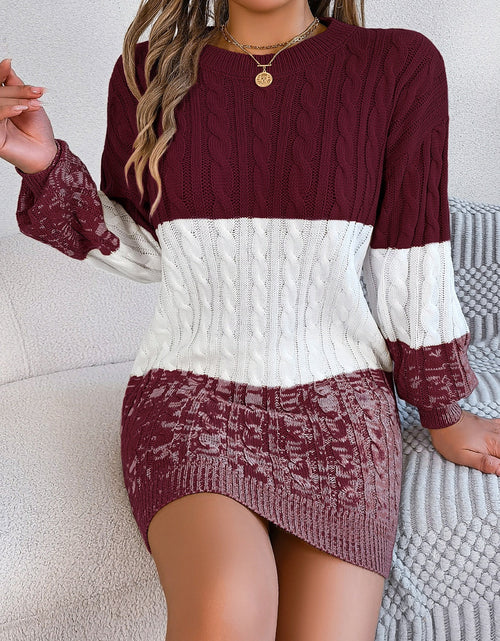 Load image into Gallery viewer, Cable-Knit Round Neck Color Block Sweater Dress
