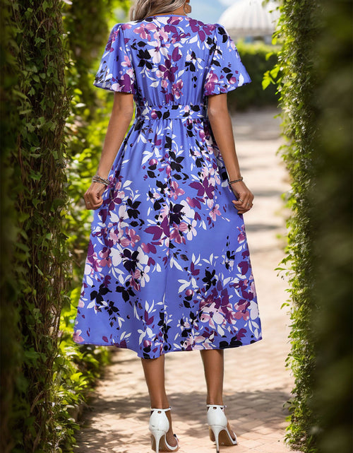 Load image into Gallery viewer, Perfee High-Low Printed Surplice Short Sleeve Midi Dress
