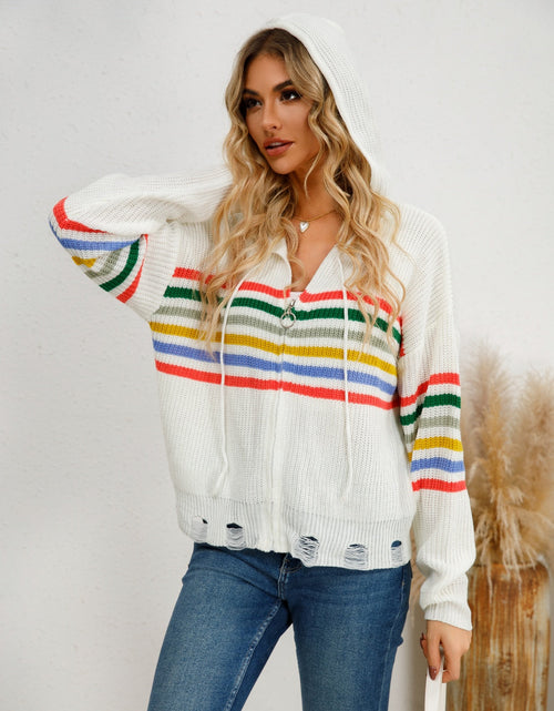 Load image into Gallery viewer, Drawstring Striped Dropped Shoulder Hooded Cardigan
