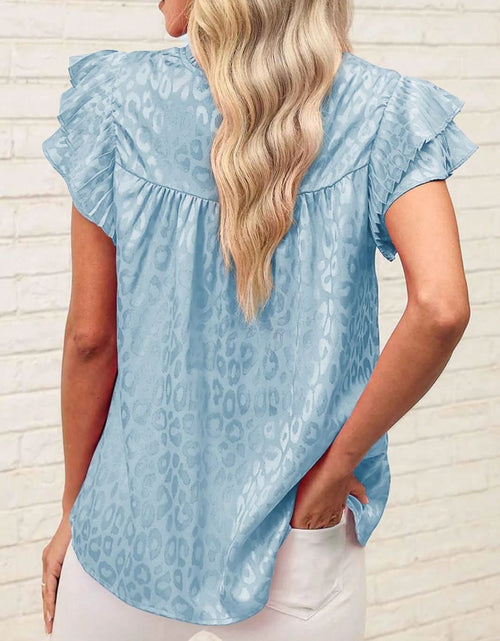 Load image into Gallery viewer, Leopard Frill Mock Neck Ruffled Cap Sleeve Top
