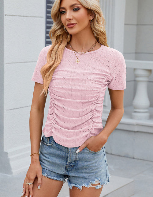 Load image into Gallery viewer, Eyelet Ruched Round Neck Short Sleeve T-Shirt
