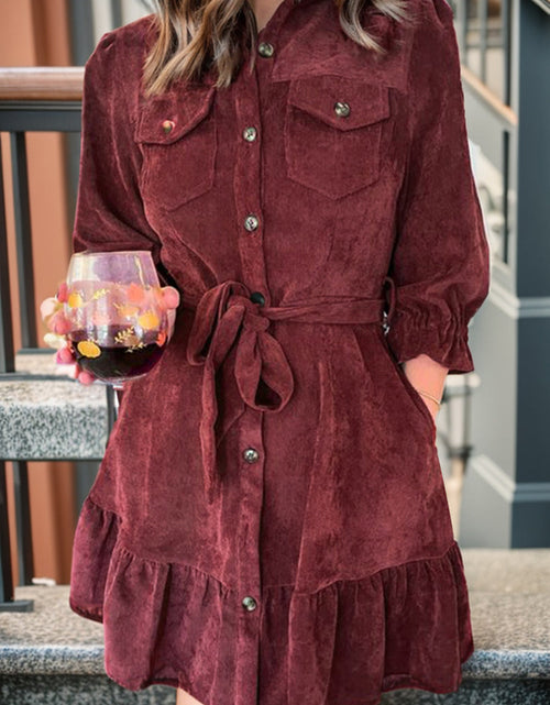 Load image into Gallery viewer, Tied Button Up Ruffle Hem Dress
