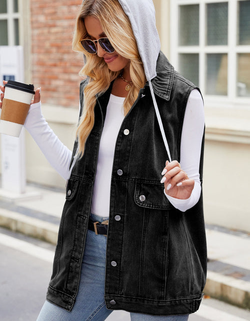 Load image into Gallery viewer, Drawstring Hooded Sleeveless Denim Jacket
