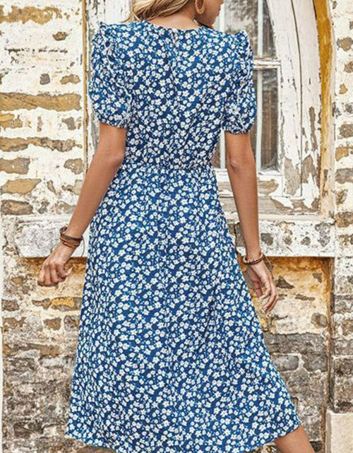 Load image into Gallery viewer, Perfee Floral Round Neck Split Midi Dress
