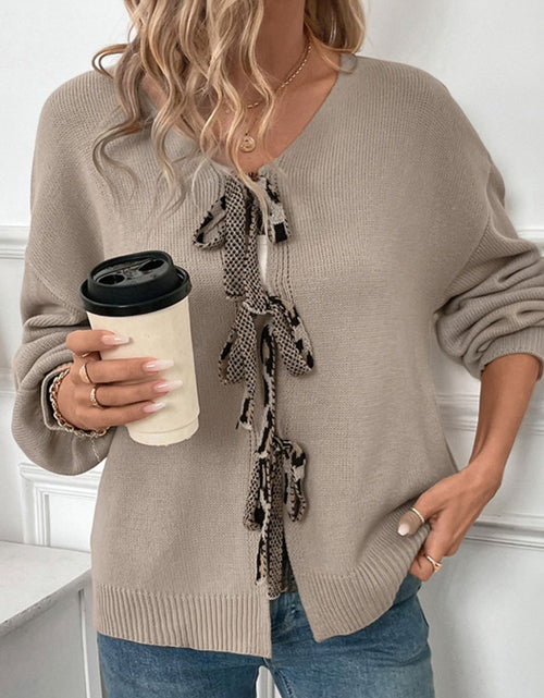 Load image into Gallery viewer, Perfee Tied Contrast Heart V-Neck Long Sleeve Cardigan
