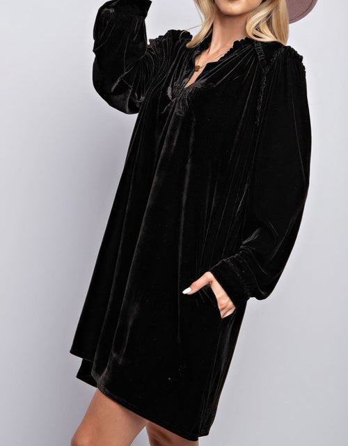 Load image into Gallery viewer, Frill Notched Long Sleeve Dress with Pockets
