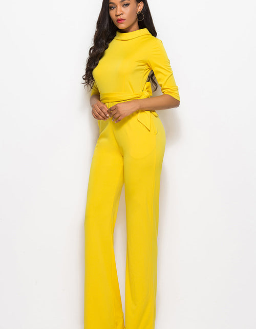 Load image into Gallery viewer, Mock Neck Tie-Waist Half Sleeve Jumpsuit
