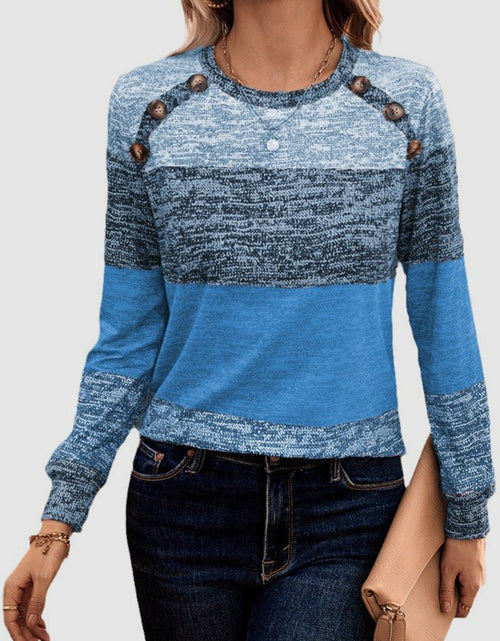 Load image into Gallery viewer, Decorative Button Contrast Round Neck Long Sleeve T-Shirt
