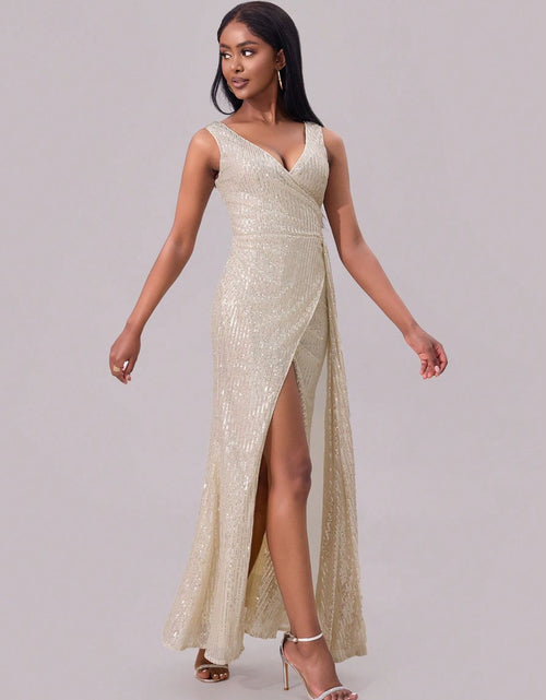 Load image into Gallery viewer, Slit Sequin Surplice Sleeveless Maxi Dress
