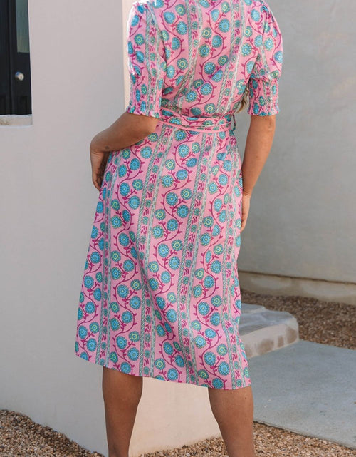 Load image into Gallery viewer, Printed Shirred Sleeve Buttoned Front Midi Dress with Sash
