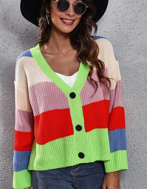Load image into Gallery viewer, Color Block Button-Down Dropped Shoulder Cardigan
