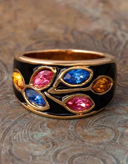 Load image into Gallery viewer, Vintage 1980's Black Enamel Ring with Clear Austrian Crystals Leaf Motif 18k Gold Plated by PVD Vintage Jewelry
