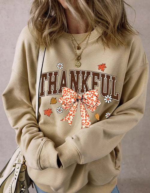 Load image into Gallery viewer, THANKFUL Bow Round Neck Long Sleeve Sweatshirt
