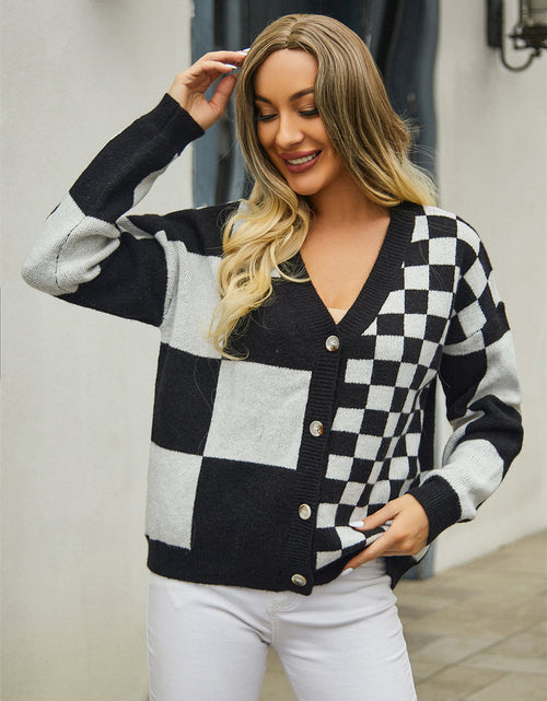 Load image into Gallery viewer, Angel Wings Plaid V-Neck Dropped Shoulder Cardigan
