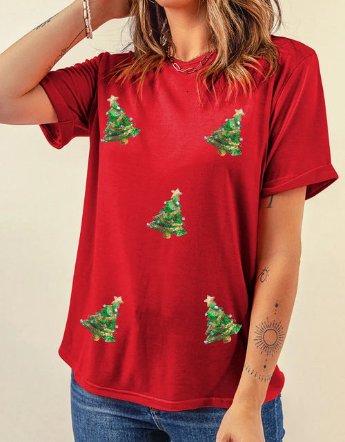 Load image into Gallery viewer, Sequin Christmas Tree Round Neck Short Sleeve T-Shirt
