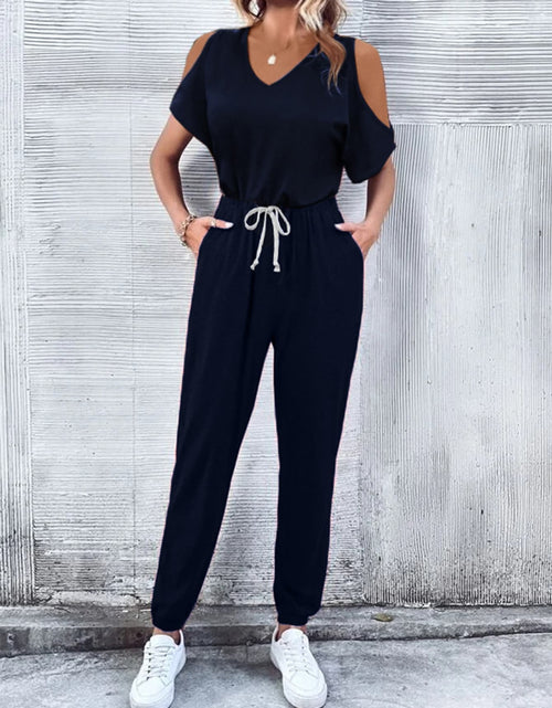 Load image into Gallery viewer, V-Neck Cold-Shoulder Jumpsuit with Pockets
