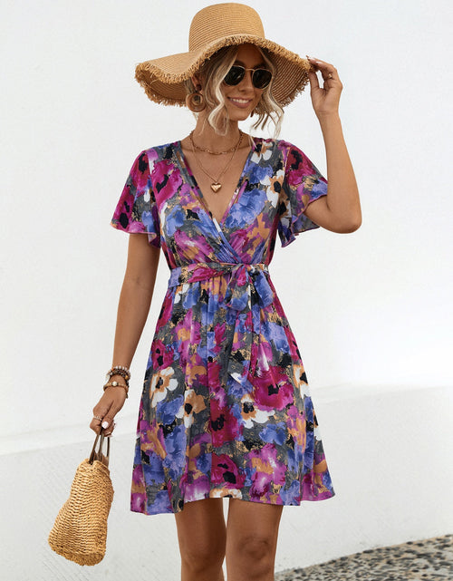 Load image into Gallery viewer, Printed Surplice Tie Waist Mini Dress
