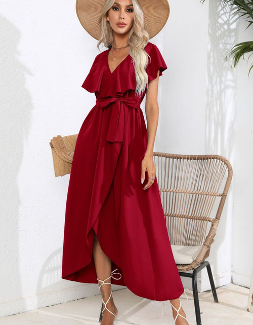 Load image into Gallery viewer, Tied Front Ruffled Short Sleeve Midi Dress
