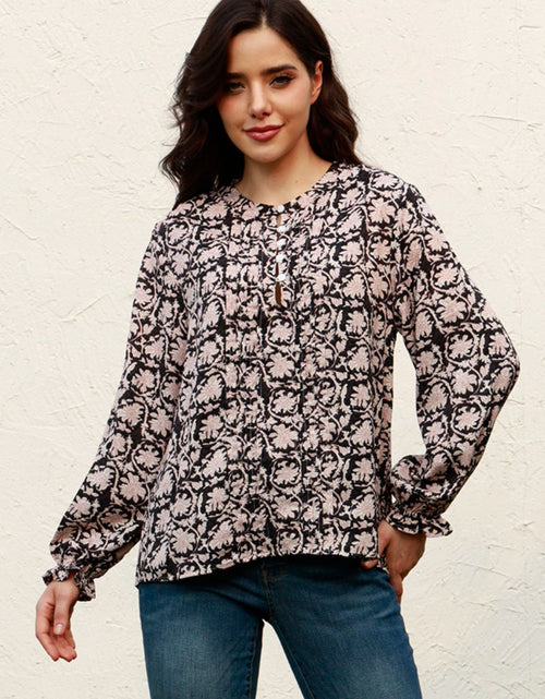 Load image into Gallery viewer, Floral Flounce Sleeve Round Neck Blouse
