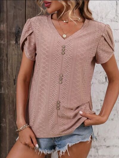 Load image into Gallery viewer, Eyelet V-Neck Petal Sleeve T-Shirt
