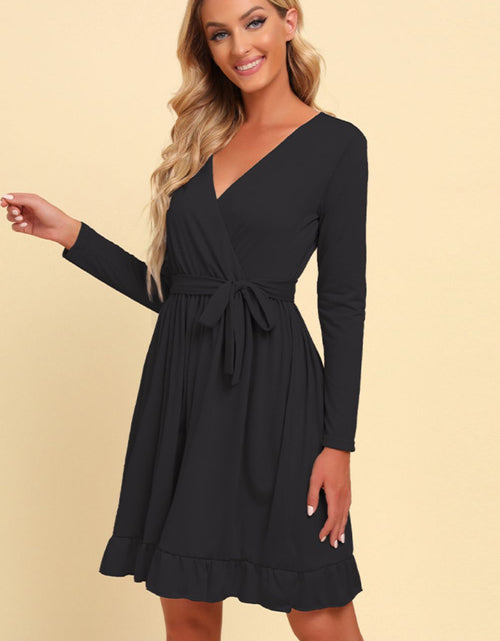 Load image into Gallery viewer, Long Sleeve Tie Waist Ruffle Hem Dress
