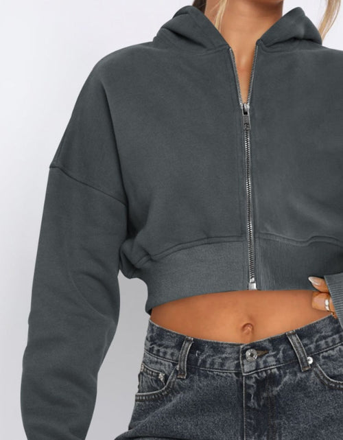 Load image into Gallery viewer, Zip Up Long Sleeve Hooded Cropped Jacket
