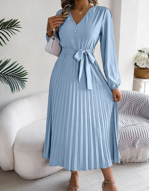 Load image into Gallery viewer, Pleated Tied V-Neck Long Sleeve Dress
