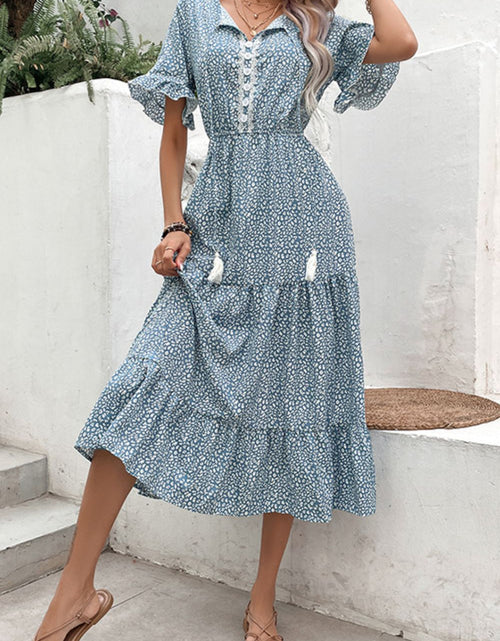 Load image into Gallery viewer, Perfee Printed Tassel Tie Flounce Sleeve Dress
