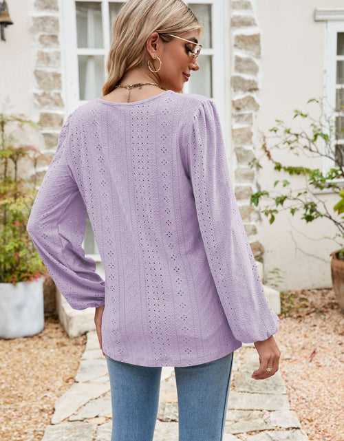 Load image into Gallery viewer, Eyelet Notched Neck Balloon Sleeve Blouse

