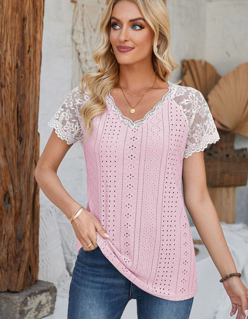 Load image into Gallery viewer, Eyelet V-Neck Lace Short Sleeve T-Shirt
