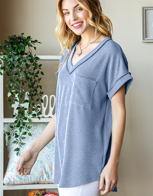 Load image into Gallery viewer, Heimish Full Size Front Pocket Short Sleeve Ribbed Top
