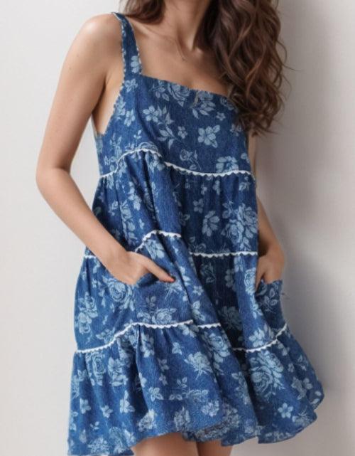 Load image into Gallery viewer, Floral Tiered Square Neck Denim Dress
