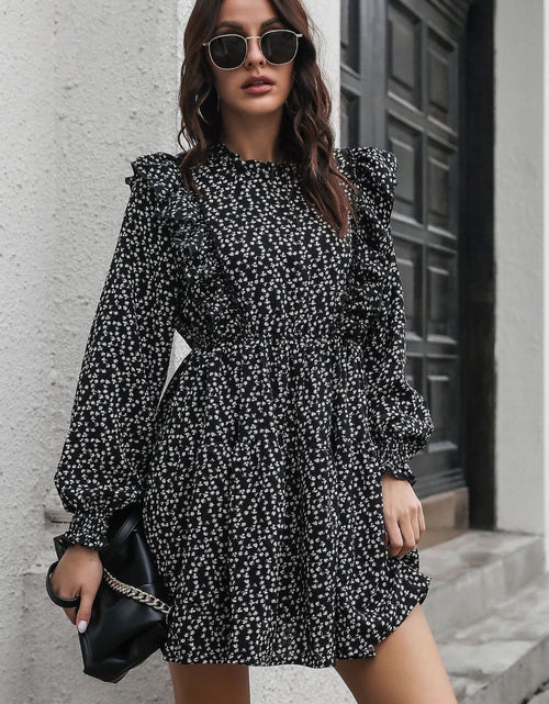 Load image into Gallery viewer, Printed Ruffle Trim Smocked Long Sleeve Mini Dress
