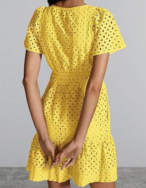 Load image into Gallery viewer, Eyelet Notched Short Sleeve Mini Dress

