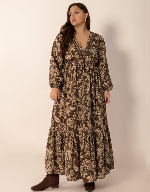 Load image into Gallery viewer, Plus Size Printed V-Neck Balloon Sleeve Maxi Dress

