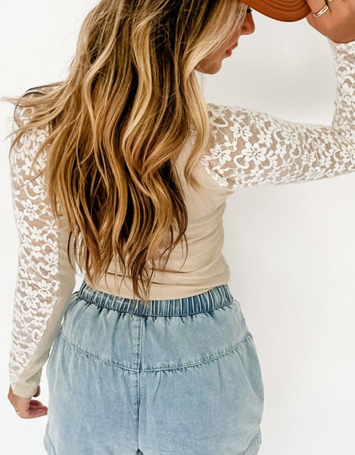 Load image into Gallery viewer, Mock Neck Long Sleeve Lace Patchwork T-Shirt
