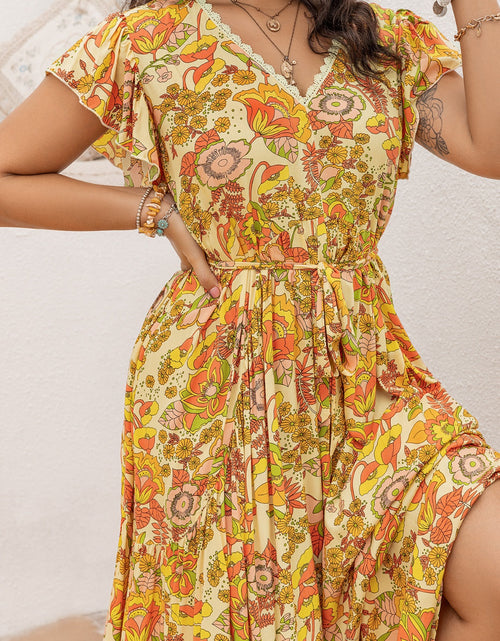 Load image into Gallery viewer, Plus Size Printed V-Neck Flutter Sleeve Tie Waist Maxi Dress
