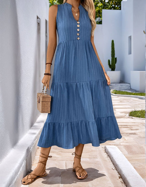 Load image into Gallery viewer, Perfee Decorative Button Notched Sleeveless Tiered Dress
