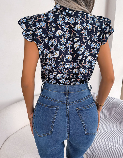 Load image into Gallery viewer, Floral Tie Neck Flutter Sleeve Blouse
