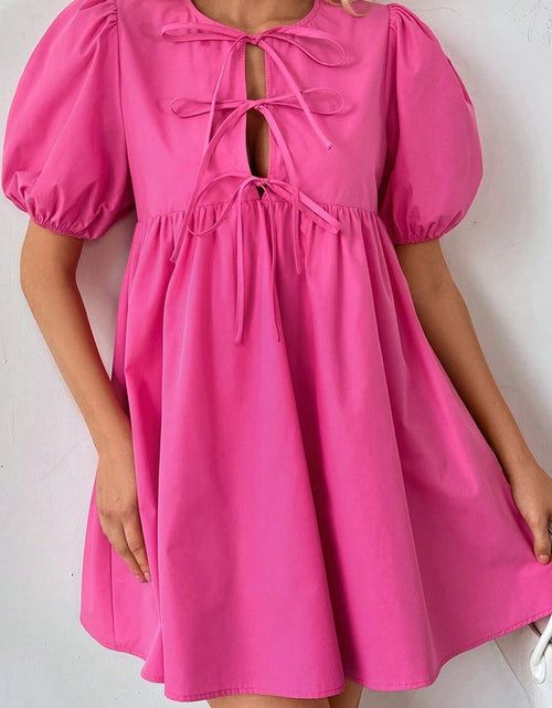 Load image into Gallery viewer, Puff Sleeve Tie Front High Waist Mini Dress
